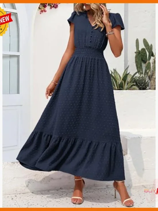 Summer Maxi Dress Boho Swiss Dot Smocked Waist V Neck Flowy Long - Picture 3 of 7